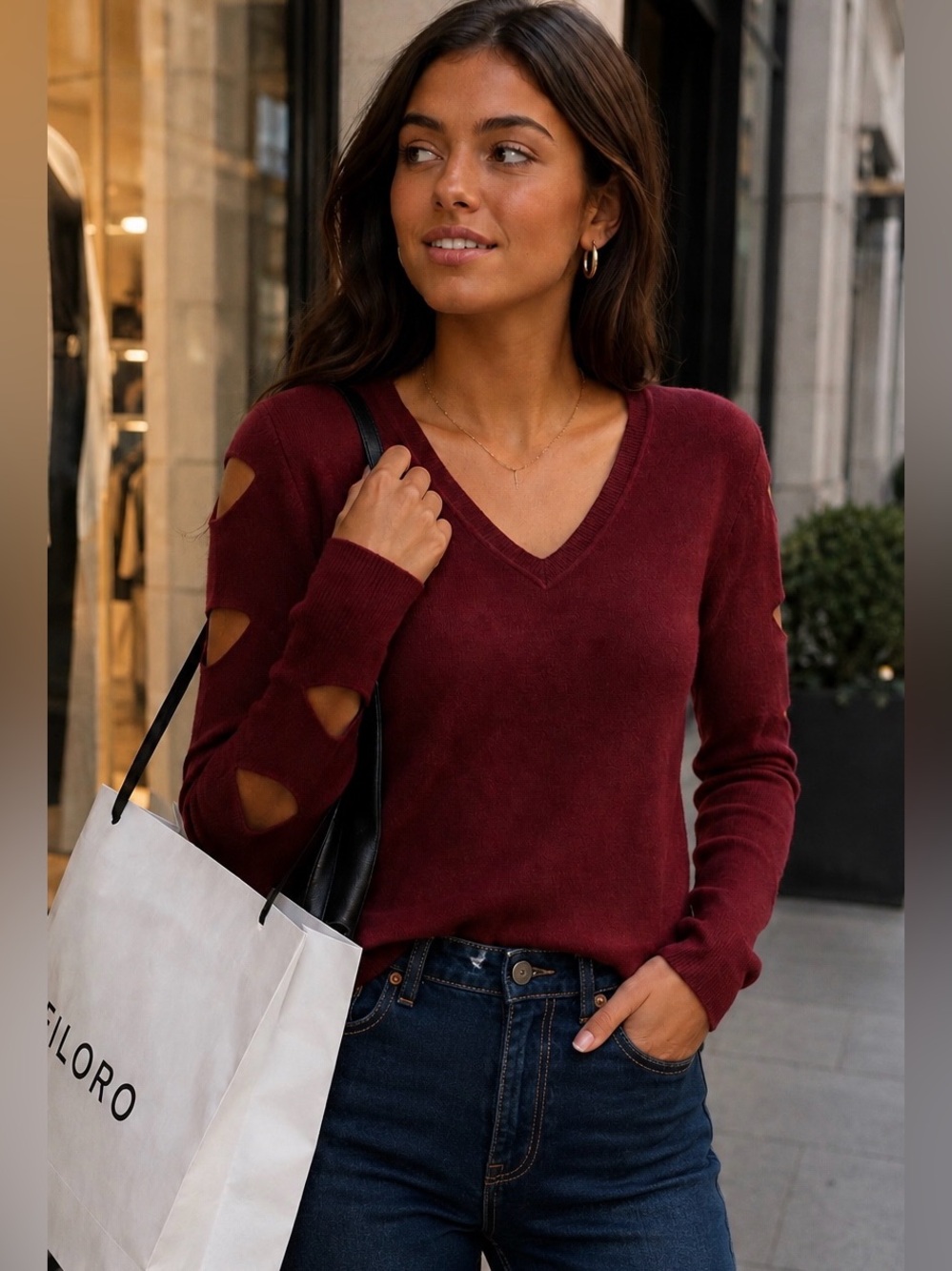 FILORO 100% Cashmere Sweater XS Burgundy Cutout Sleeve V Neck Quiet Luxury City